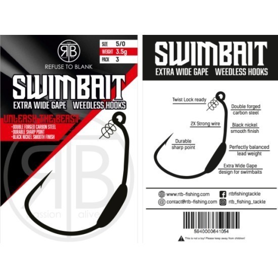 Cârlige offset RTB Extra Wide Gape Swimbait Weighted Hooks, Nr.10/0, 12g, 2buc/plic Cârlige offset RTB Extra Wide Gape Swimbait Weighted Hooks, Nr.10/0, 12g, 2buc/plic