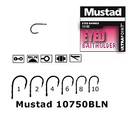 Cârlige Mustad UltraPoint Baitholder 10750, Black Nickel, Nr. 1, 10 buc/plic