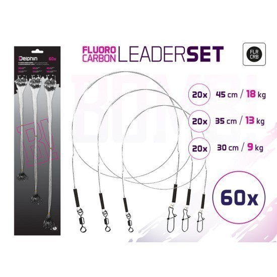 Set strune fluorocarbon cu vârtej și agrafă Delphin Bomb! Leader Set, 60buc/set Set strune fluorocarbon cu vârtej și agrafă Delphin Bomb! Leader Set, 60buc/set