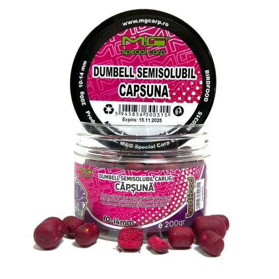 Boilies de cârlig MG Special Carp Dumbell Semisolubil Căpșună, 10-14mm, 200g