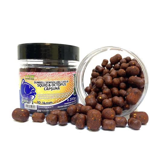 Boilies de cârlig MG Special Carp Dumbell Semisolubil Squid & Octopus & Căpșună (Fishmeal), 10-14mm, 200g