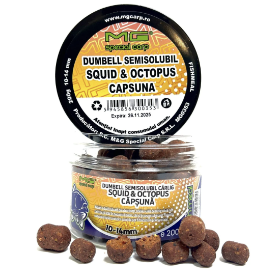 Boilies de cârlig MG Special Carp Dumbell Semisolubil Squid & Octopus & Căpșună (Fishmeal), 10-14mm, 200g