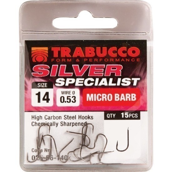 Cârlige Trabucco Silver Specialist Micro Barb, Argintiu, Nr.14, 15buc/plic Cârlige Trabucco Silver Specialist Micro Barb, Argintiu, Nr.14, 15buc/plic