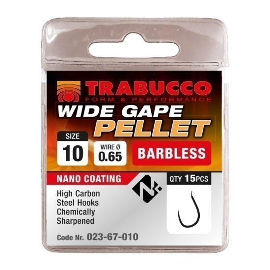 Cârlige Trabucco Wide Gape Pellet Barbless, Nr.10, 15buc/plic Cârlige Trabucco Wide Gape Pellet Barbless, Nr.10, 15buc/plic