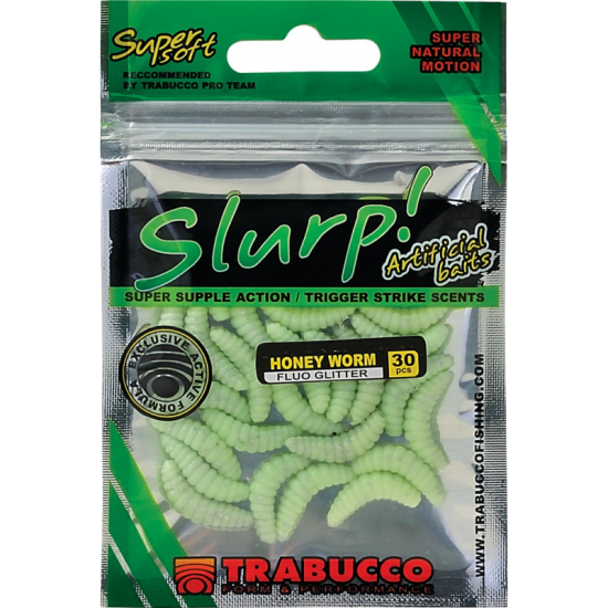 Viermi artificiali Trabucco Slurp Bait Honey Worm, Fluo Glitter, 2cm, 30buc/plic