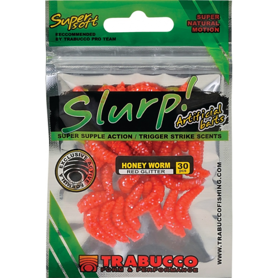 Viermi artificiali Trabucco Slurp Bait Honey Worm, Red Glitter, 2cm, 30buc/plic