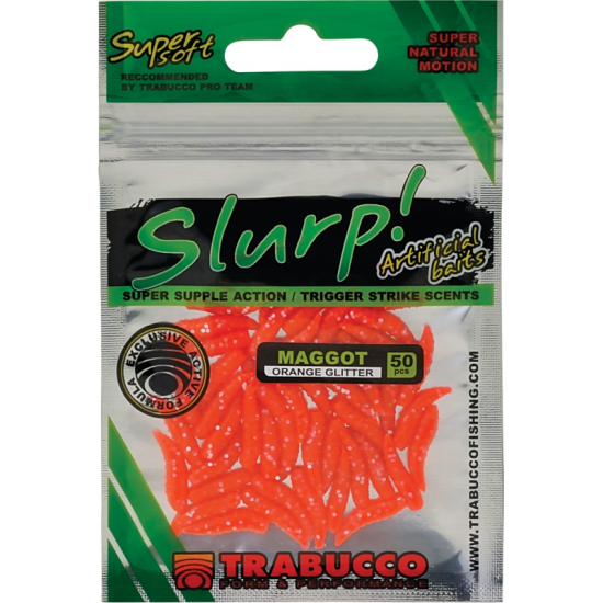 Viermuși artificiali Trabucco Slurp Bait Maggots, Orange Glitter, 50buc/plic