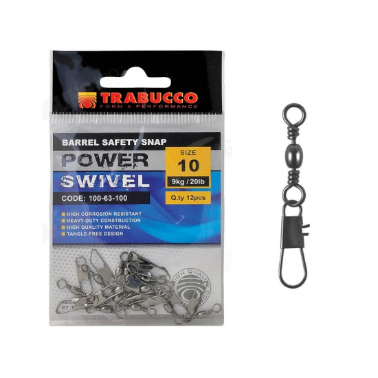 Agrafă cu vârtej Trabucco Barrel Safety Snap, Nr.10/14kg, 12buc/plic Agrafă cu vârtej Trabucco Barrel Safety Snap, Nr.10/14kg, 12buc/plic