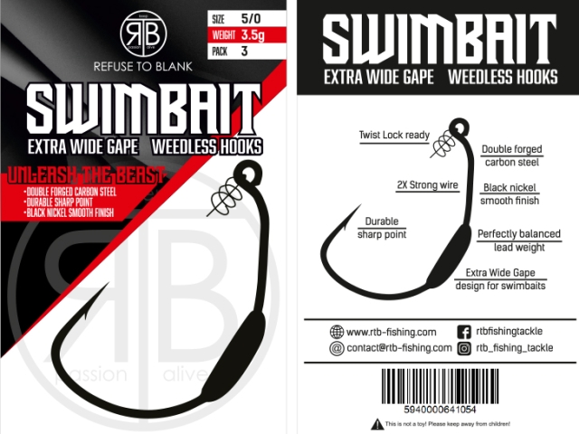 Cârlige offset RTB Extra Wide Gape Swimbait Weighted Hooks, Nr.7/0, 3.5g, 3buc/plic