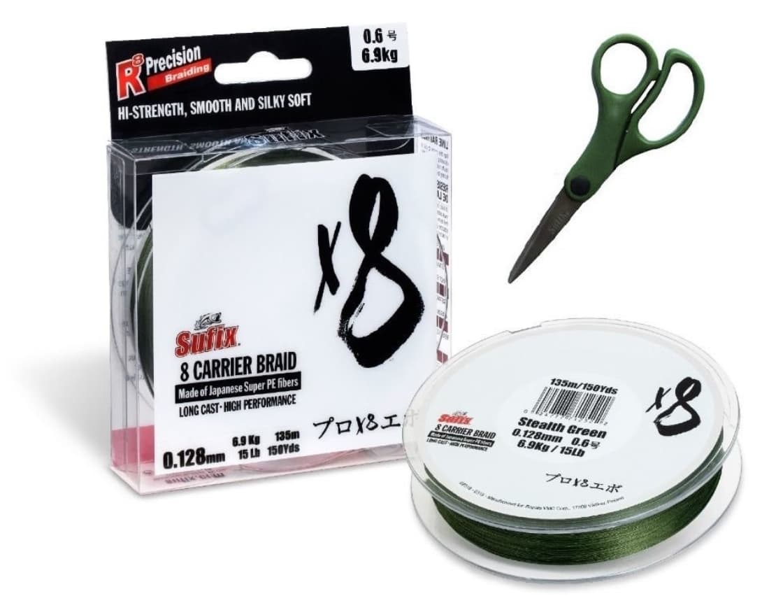 Sufix X8 135M 0.128MM 6.9KG 0.6 15LB STEALTH GREEN + forfecuta