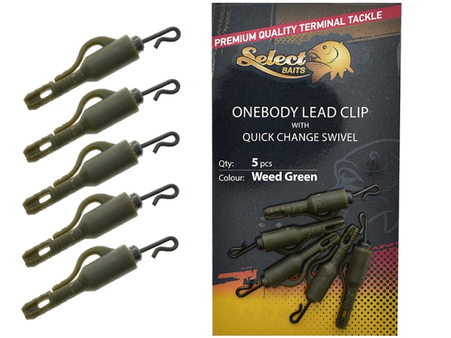 Clips plumb pierdut cu vârtej si agrafă rapidă Select Baits OneBody Lead Clip with Quick Change Swivel, Weed Green, 5buc/plic