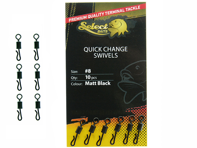 Vârtej cu agrafă rapidă Select Baits Quick Change Swivels, Matt Black, Nr.8, 10buc/plic