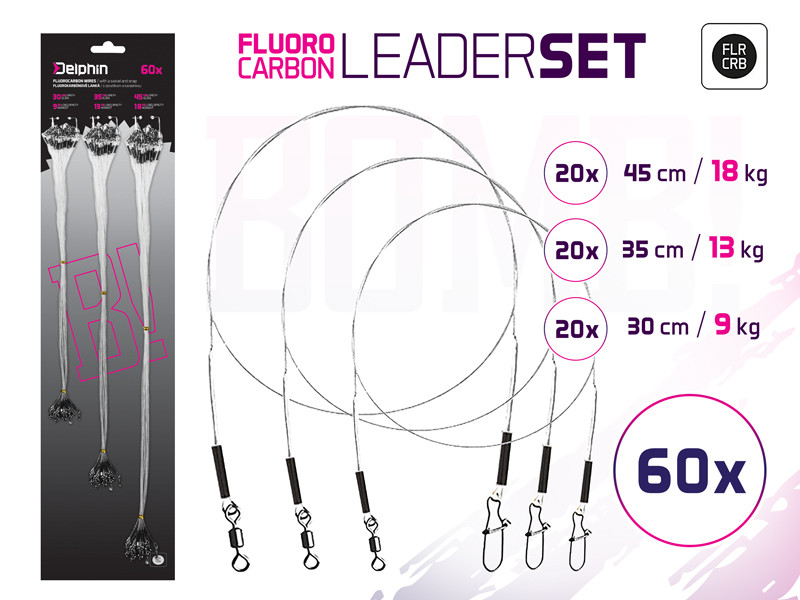 Set strune fluorocarbon cu vârtej și agrafă Delphin Bomb! Leader Set, 60buc/set