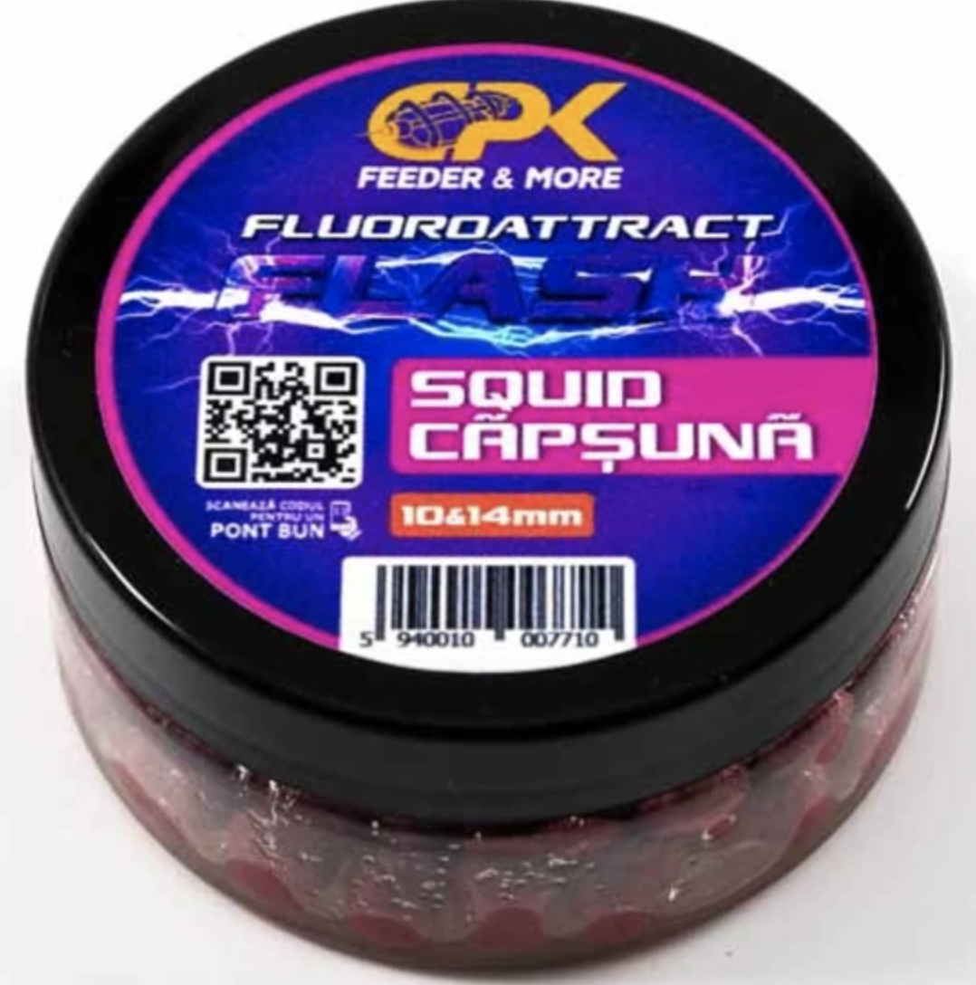 Boilies de cârlig cu plută CPK Fluoroattract + Feeder, 10-14mm, Squid & Căpșună, 40g