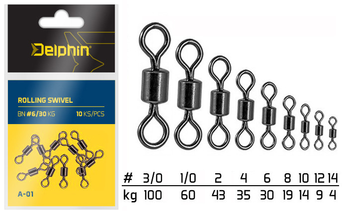 Vârtej cu butoiaş Delphin Rolling Swivel A-01, Nr.4/35kg, 10buc/plic