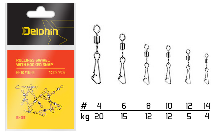 Vârtej cu agrafă Delphin Rolling Swivel B-03 Hooked Snap, Nr.4/20kg, 10buc/plic