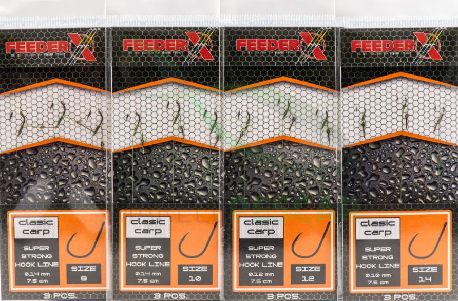 Cârlige legate FeederX Clasic Carp, Nr.14/0.10mm, 3buc/plic
