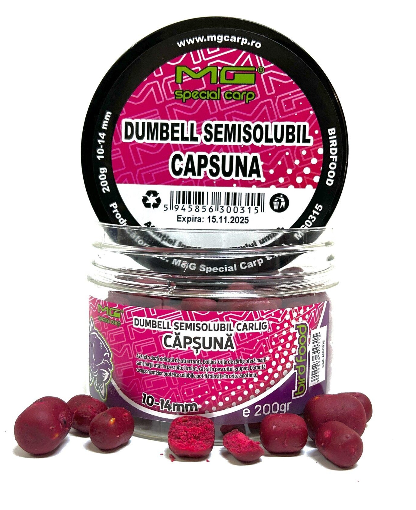 Boilies de cârlig MG Special Carp Dumbell Semisolubil Căpșună, 10-14mm, 200g