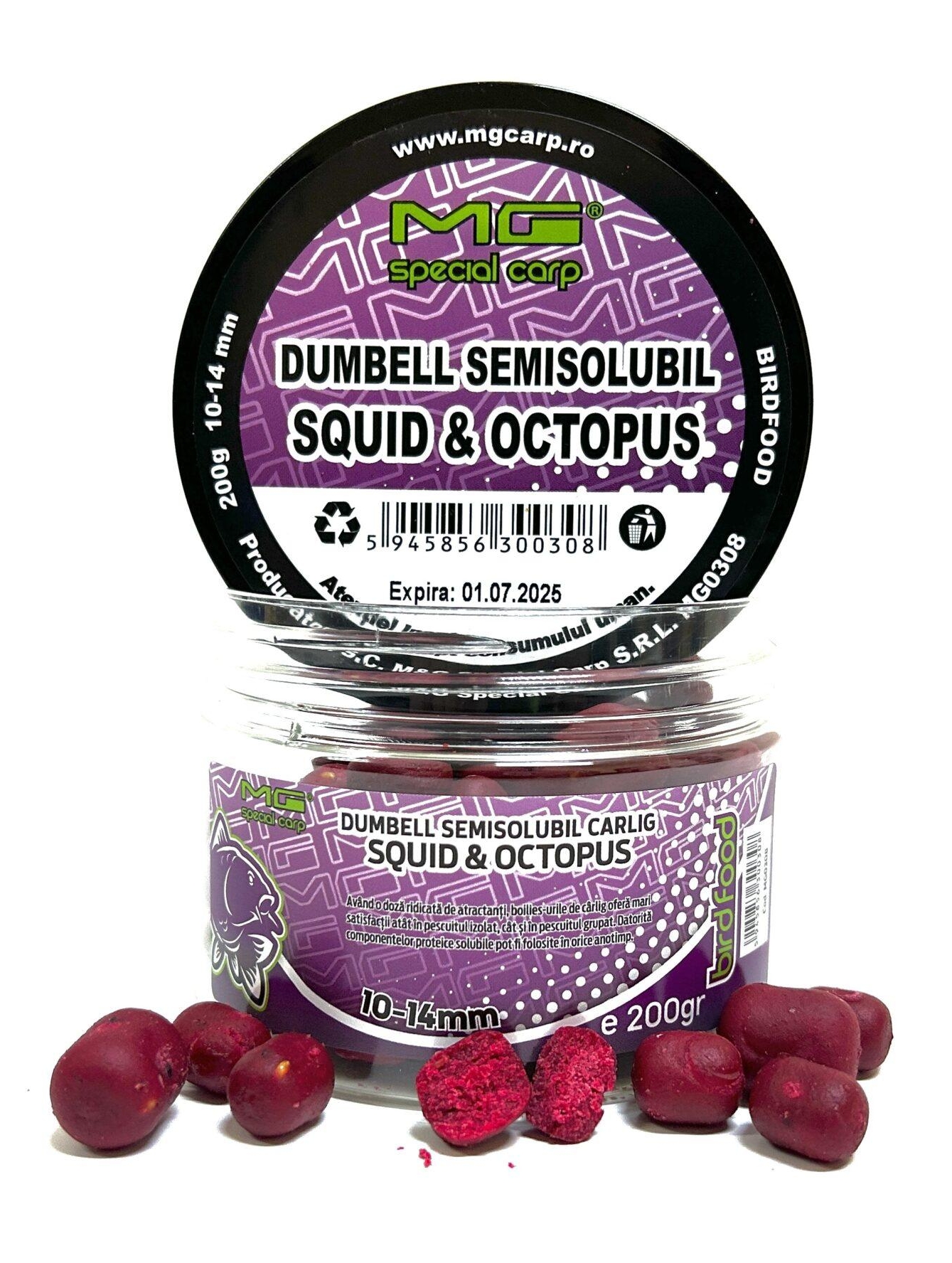Boilies de cârlig MG Special Carp Dumbell Semisolubil Squid & Octopus, 10-14mm, 200g