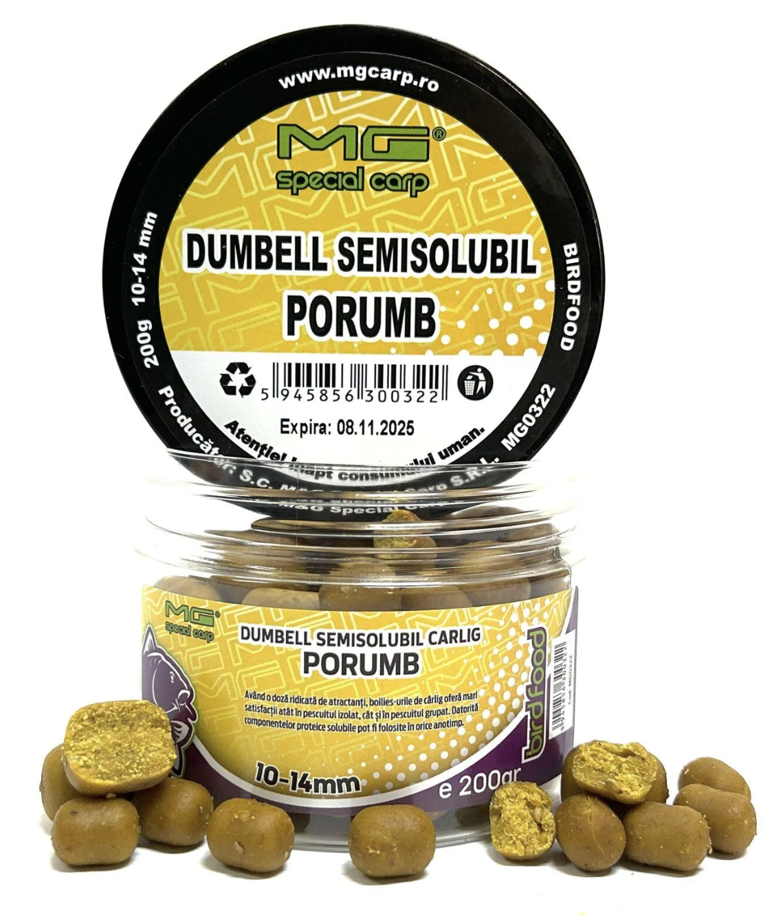 Boilies de cârlig MG Special Carp Dumbell Semisolubil Porumb, 10-14mm, 200g