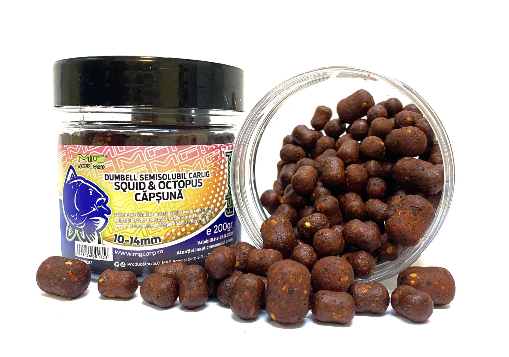 Boilies de cârlig MG Special Carp Dumbell Semisolubil Squid & Octopus & Căpșună (Fishmeal), 10-14mm, 200g