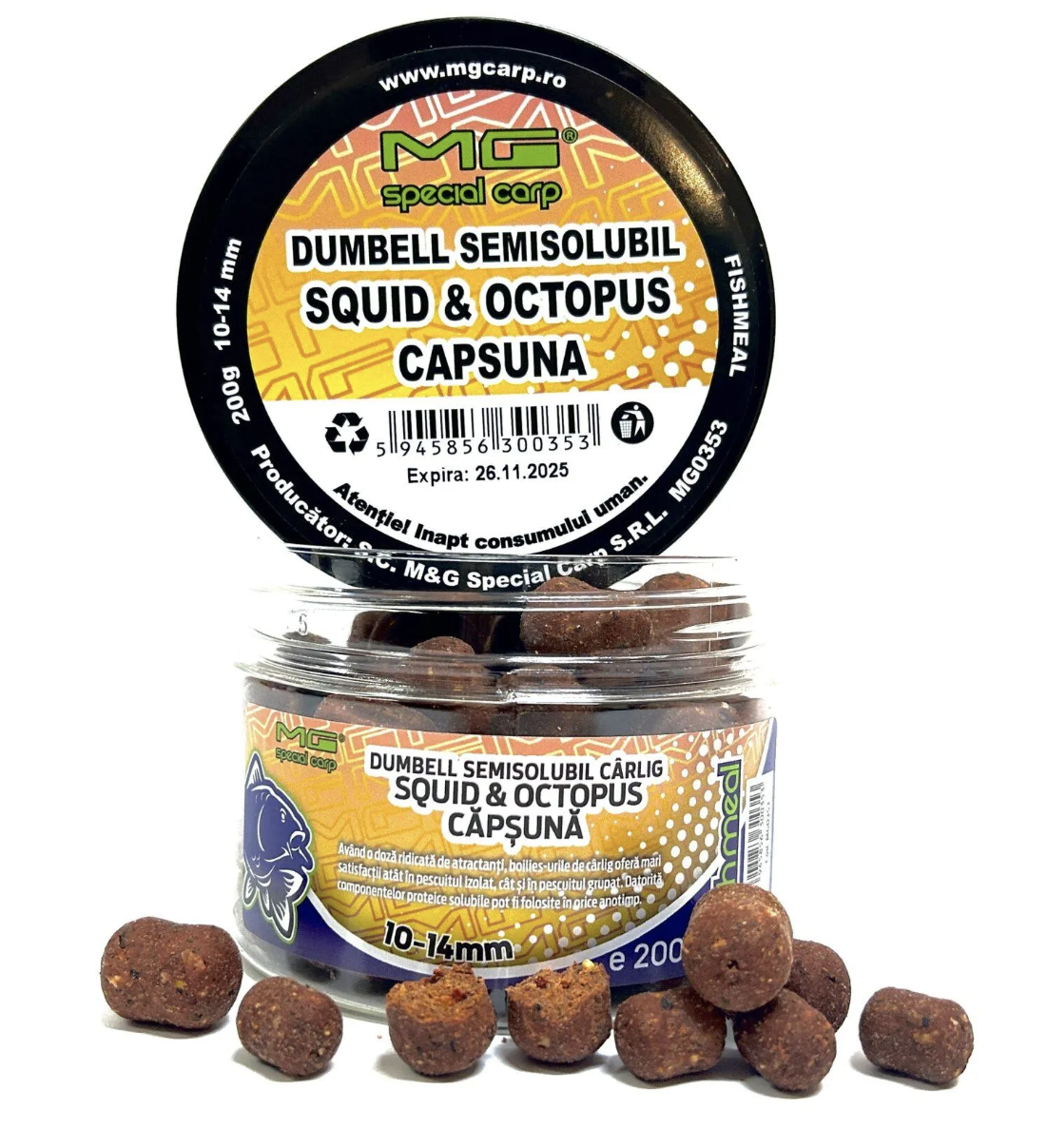 Boilies de cârlig MG Special Carp Dumbell Semisolubil Squid & Octopus & Căpșună (Fishmeal), 10-14mm, 200g