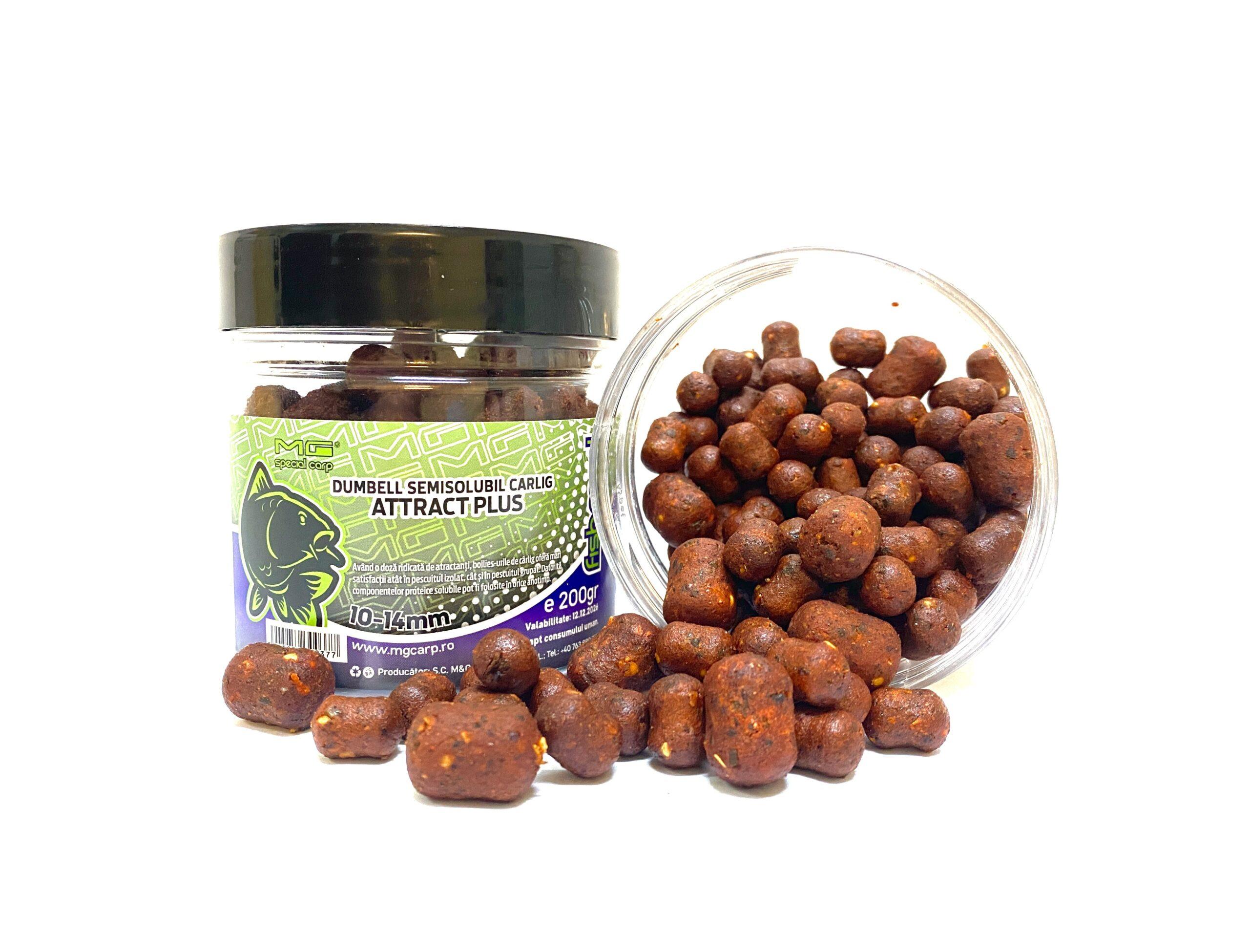 Boilies de cârlig MG Special Carp Dumbell Semisolubil Attract Plus (Fishmeal), 10-14mm, 200g