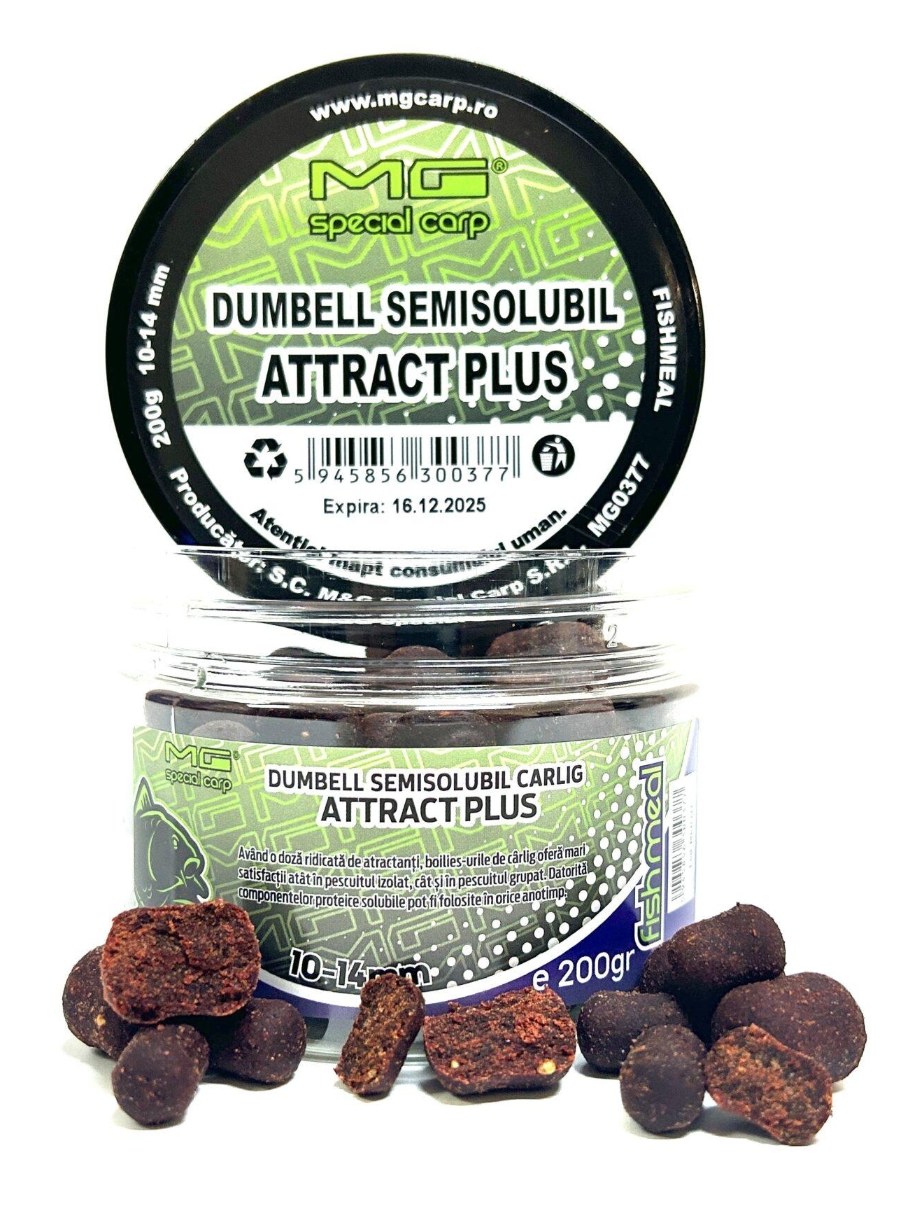 Boilies de cârlig MG Special Carp Dumbell Semisolubil Attract Plus (Fishmeal), 10-14mm, 200g