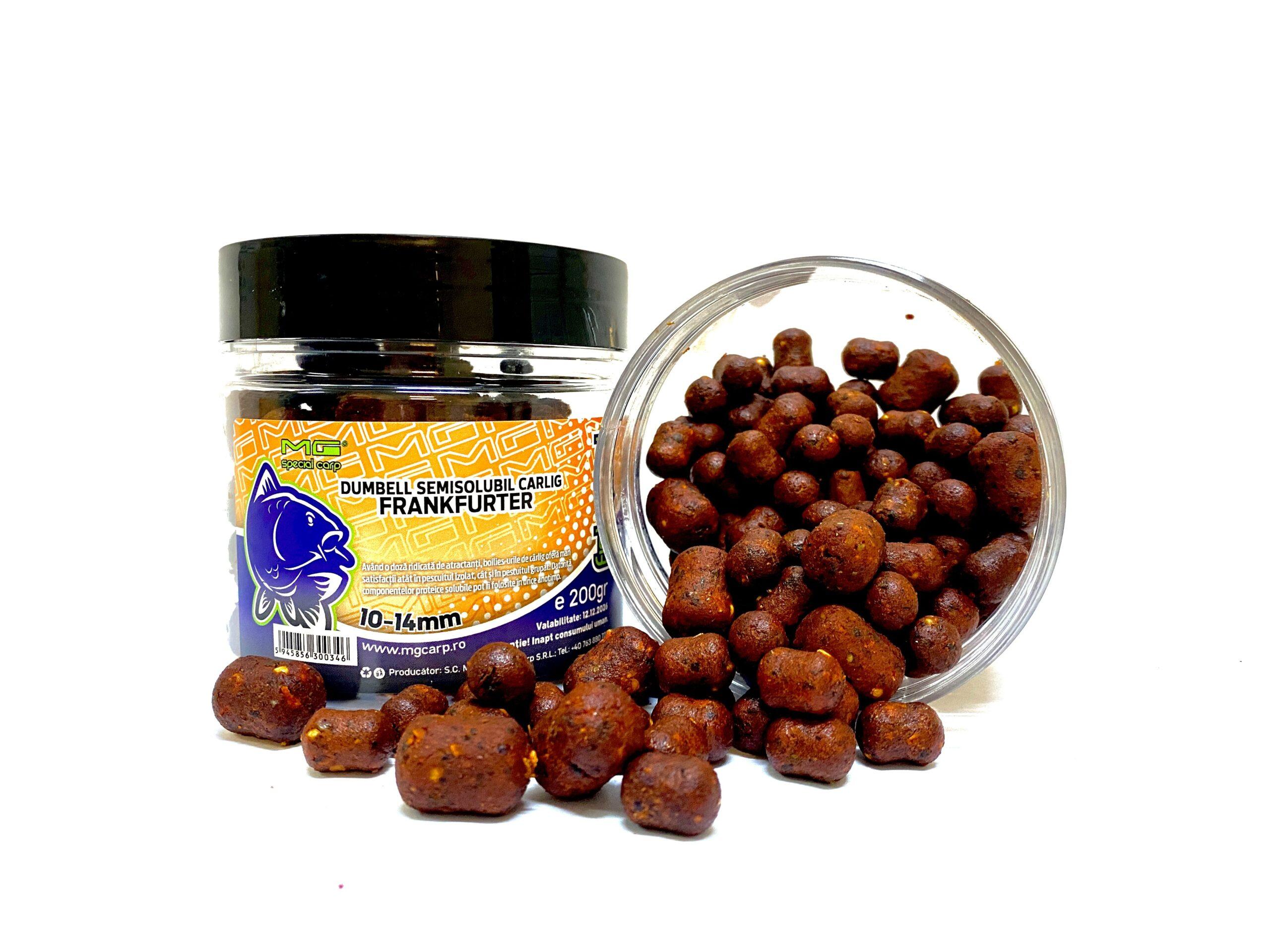 Boilies de cârlig MG Special Carp Dumbell Semisolubil Frankfurter (Fishmeal), 10-14mm, 200g
