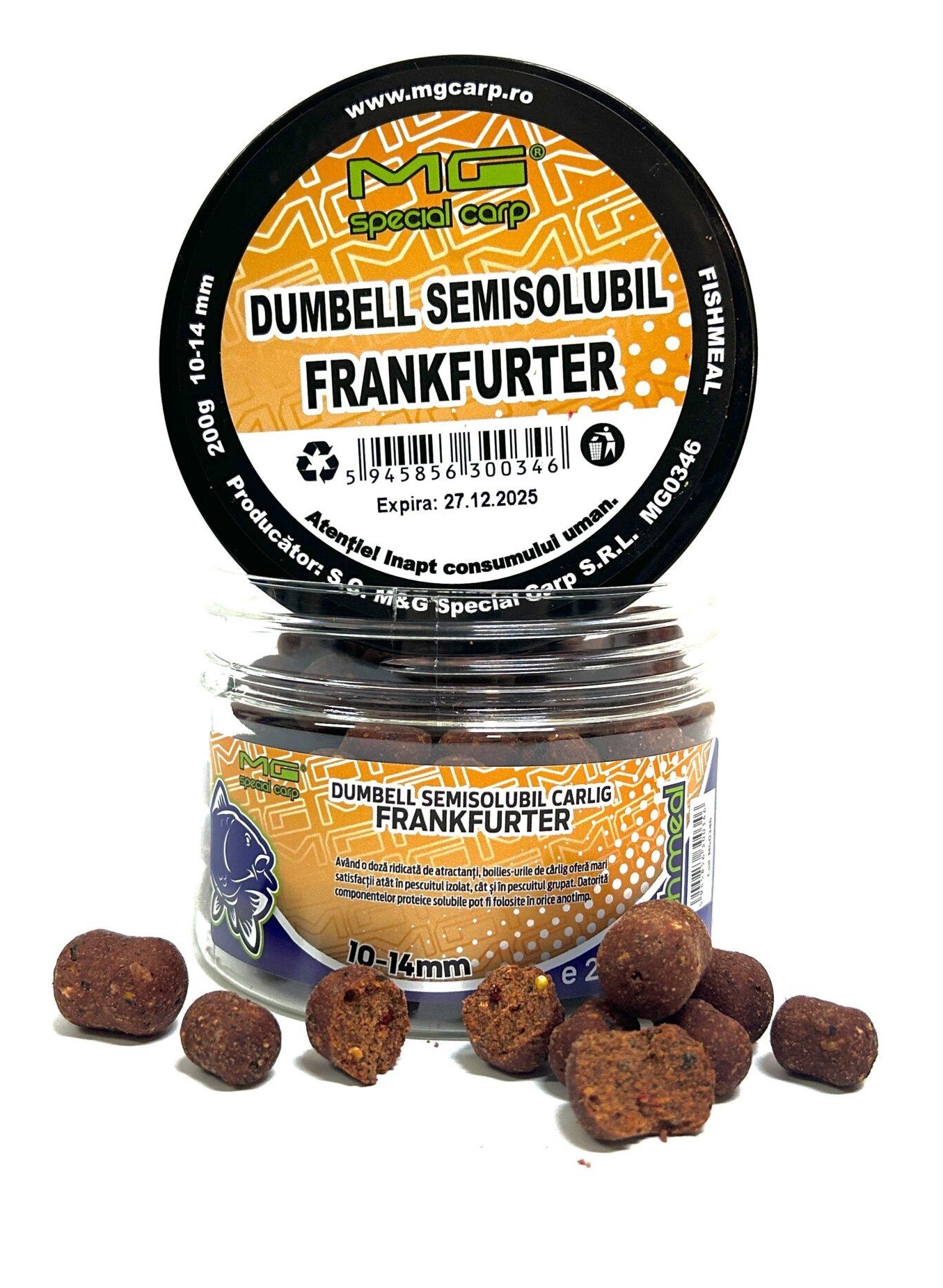 Boilies de cârlig MG Special Carp Dumbell Semisolubil Frankfurter (Fishmeal), 10-14mm, 200g