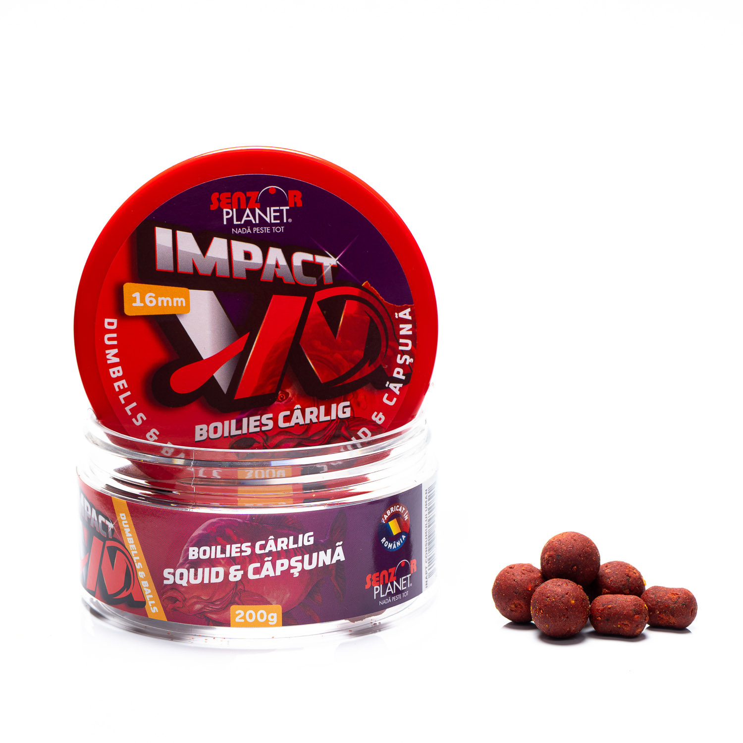 Boilies pentru cârlig Senzor Planet Impact VM Dumbells & Balls, Squid & Căpșună, 16mm, 200g