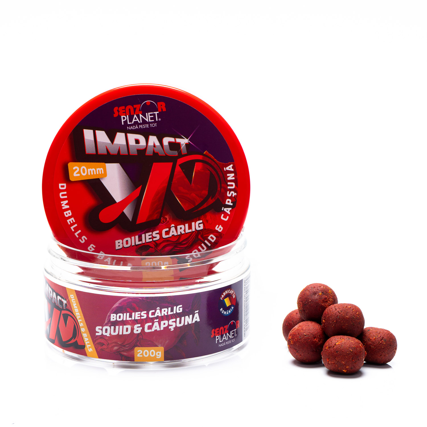 Boilies pentru cârlig Senzor Planet Impact VM Dumbells & Balls, Squid & Căpșună, 20mm, 200g