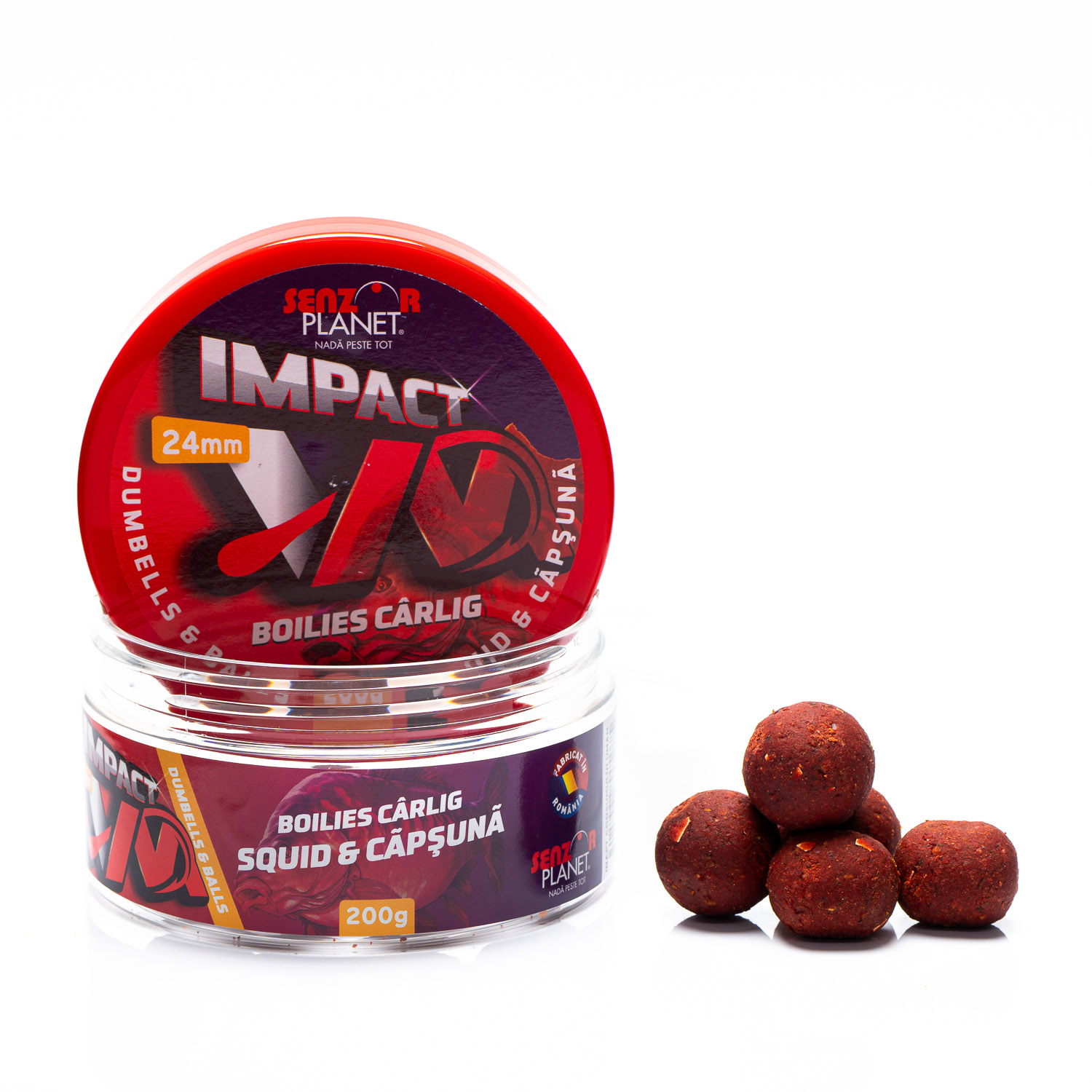 Boilies pentru cârlig Senzor Planet Impact VM Dumbells & Balls, Squid & Căpșună, 24mm, 200g
