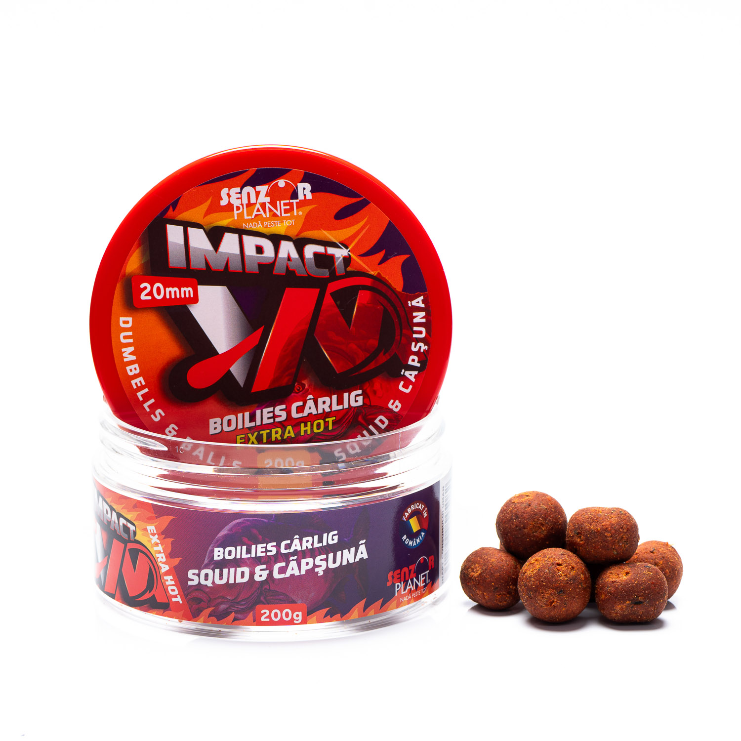 Boilies pentru cârlig Senzor Planet Impact VM Extra Hot Dumbells & Balls, Squid & Căpșună, 20mm, 200g