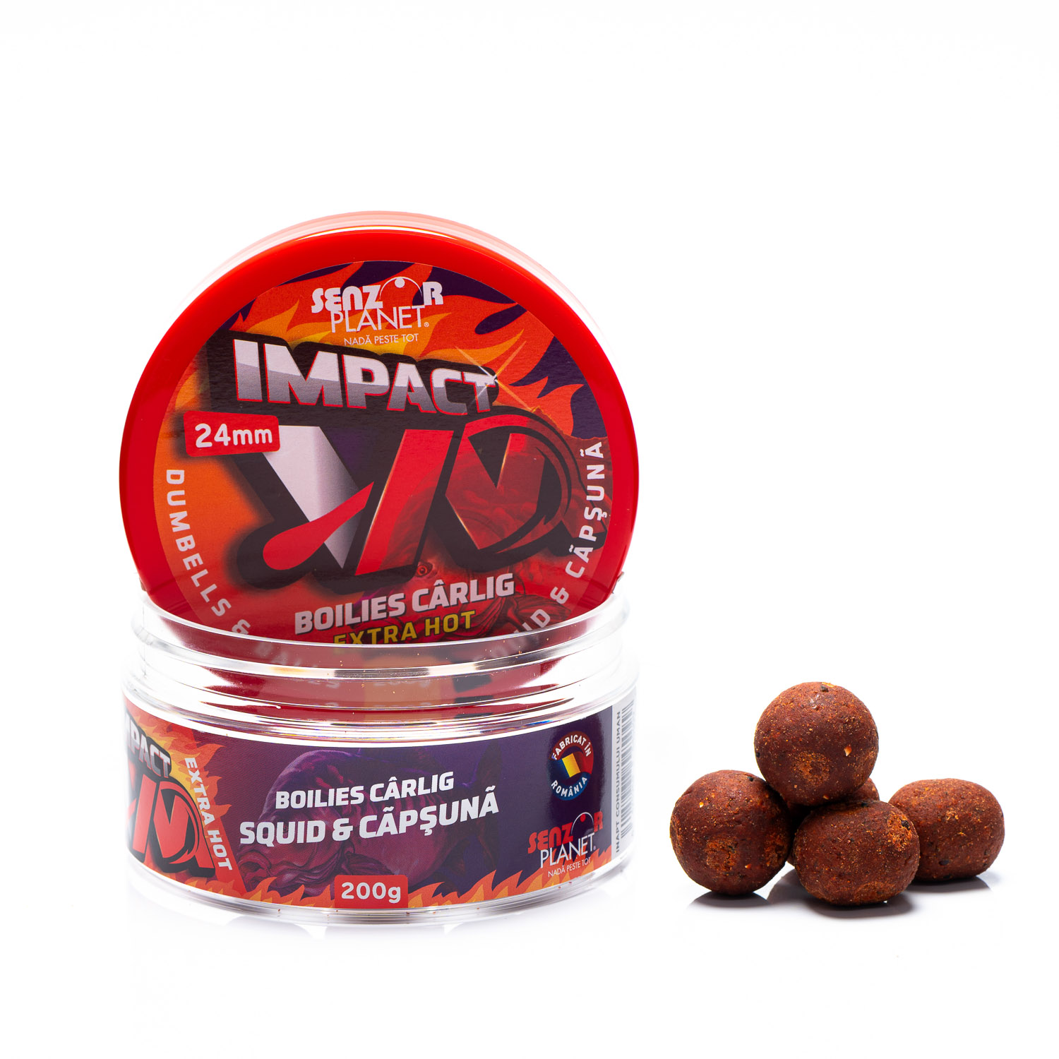 Boilies pentru cârlig Senzor Planet Impact VM Extra Hot Dumbells & Balls, Squid & Căpșună, 24mm, 200g