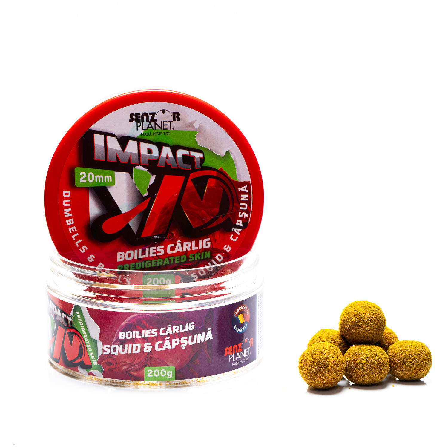 Boilies pentru cârlig Senzor Planet Impact VM Predigerated Skin Dumbells & Balls, Squid & Căpșună, 20mm, 200g