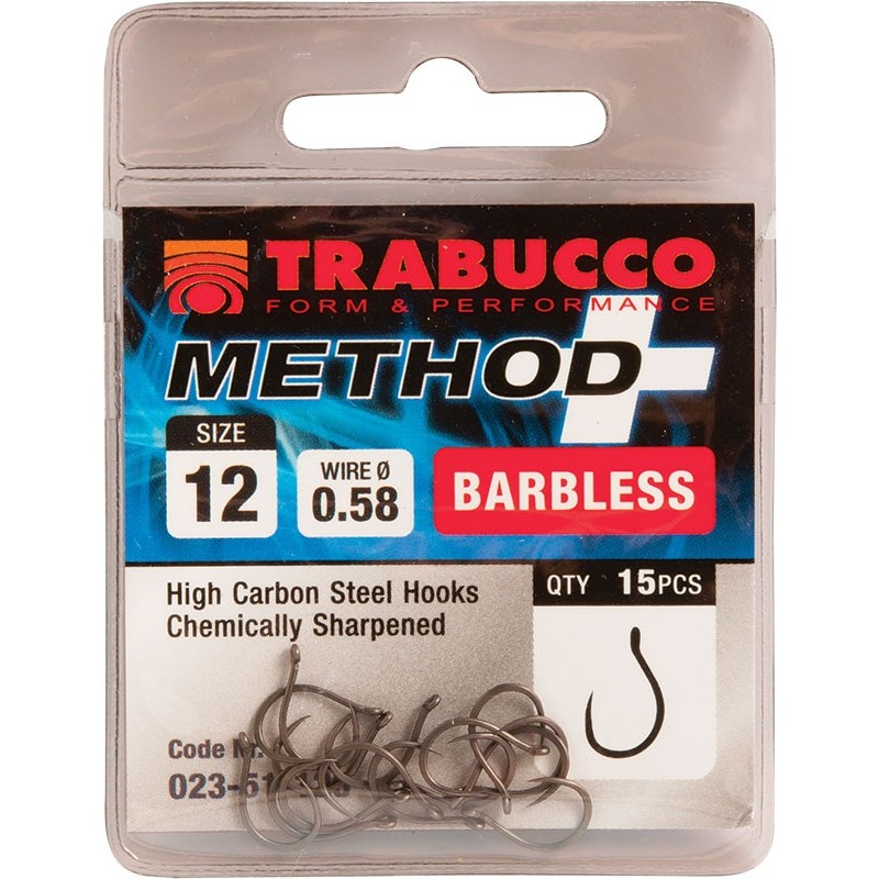 Cârlige Trabucco Method Plus Barbless, Nickel, Nr.10, 15buc/plic