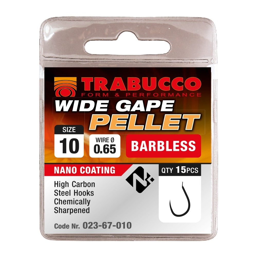 Cârlige Trabucco Wide Gape Pellet Barbless, Nr.14, 15buc/plic