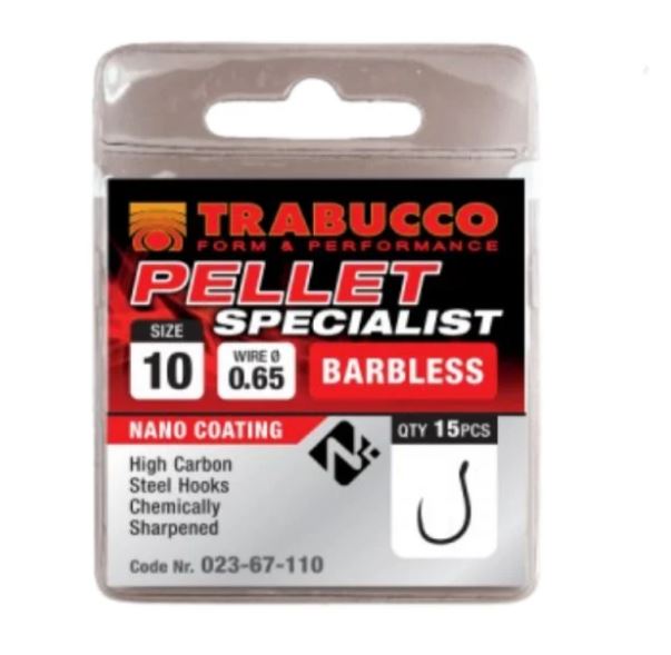 Cârlige Trabucco Pellet Specialist Barbless, Nr.10, 15buc/plic