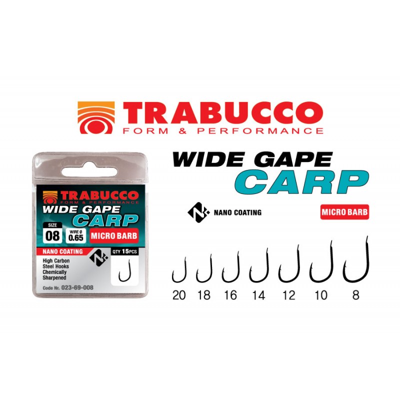 Cârlige Trabucco Wide Gape Carp Micro Barb, Nr.20, 15buc/plic